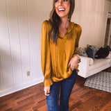 Mustard Ruffle Collar Tie Neck Blouse
