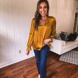 Mustard Ruffle Collar Tie Neck Blouse