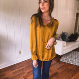 Mustard Ruffle Collar Tie Neck Blouse