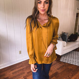 Mustard Ruffle Collar Tie Neck Blouse