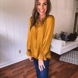Mustard Ruffle Collar Tie Neck Blouse