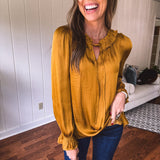 Mustard Ruffle Collar Tie Neck Blouse