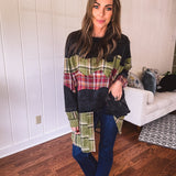 Black Washed Double Layer Plaid Mix Crew