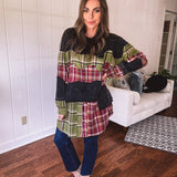Black Washed Double Layer Plaid Mix Crew