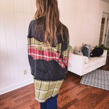 Black Washed Double Layer Plaid Mix Crew