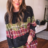 Black Washed Double Layer Plaid Mix Crew