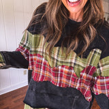 Black Washed Double Layer Plaid Mix Crew