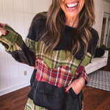 Black Washed Double Layer Plaid Mix Crew