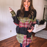 Black Washed Double Layer Plaid Mix Crew