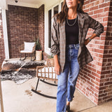 Charcoal Multi Plaid Ruched Sleeve Blazer
