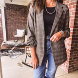 Charcoal Multi Plaid Ruched Sleeve Blazer