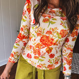 Floral Cream + Orange Mix Mesh Top