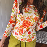 Floral Cream + Orange Mix Mesh Top