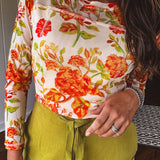 Floral Cream + Orange Mix Mesh Top