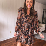 Black Gingko Leaf Printed Chiffon Dress with Smock Yoke