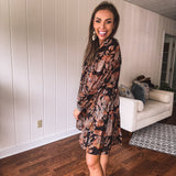 Black Gingko Leaf Printed Chiffon Dress with Smock Yoke