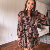 Black Gingko Leaf Printed Chiffon Dress with Smock Yoke