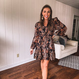 Black Gingko Leaf Printed Chiffon Dress with Smock Yoke