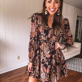 Black Gingko Leaf Printed Chiffon Dress with Smock Yoke