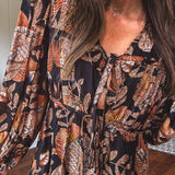 Black Gingko Leaf Printed Chiffon Dress with Smock Yoke