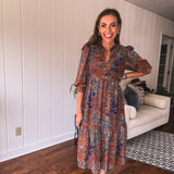 Rust + Blue Floral Midi Dress