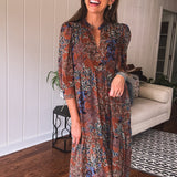 Rust + Blue Floral Midi Dress