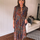 Rust + Blue Floral Midi Dress