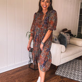 Rust + Blue Floral Midi Dress