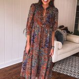 Rust + Blue Floral Midi Dress