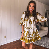 Mustard Green Tribal Tiered Dress