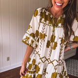 Mustard Green Tribal Tiered Dress