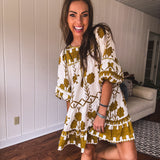 Mustard Green Tribal Tiered Dress