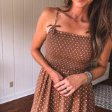 Brown Polka Dot Bow Smock Dress