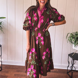Brown Elegant Floral Midi Dress