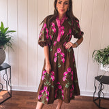 Brown Elegant Floral Midi Dress