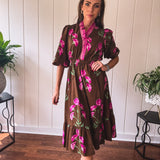 Brown Elegant Floral Midi Dress