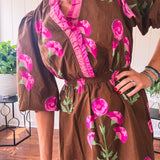 Brown Elegant Floral Midi Dress