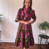 Brown Elegant Floral Midi Dress