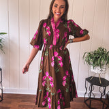 Brown Elegant Floral Midi Dress