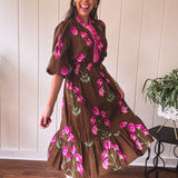 Brown Elegant Floral Midi Dress