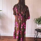 Brown Elegant Floral Midi Dress