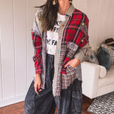 Red Button it Up Plaid Denim Mix Patchwork Shacket