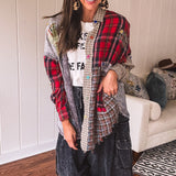 Red Button it Up Plaid Denim Mix Patchwork Shacket