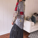 Red Button it Up Plaid Denim Mix Patchwork Shacket