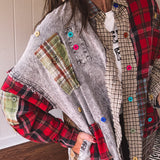 Red Button it Up Plaid Denim Mix Patchwork Shacket