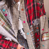 Red Button it Up Plaid Denim Mix Patchwork Shacket