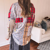 Red Button it Up Plaid Denim Mix Patchwork Shacket