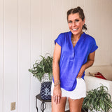 Satin Short Sleeve Blouse with Button Detail