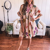 Tan Whimsical Bold Floral A Line Dress