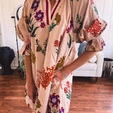 Tan Whimsical Bold Floral A Line Dress